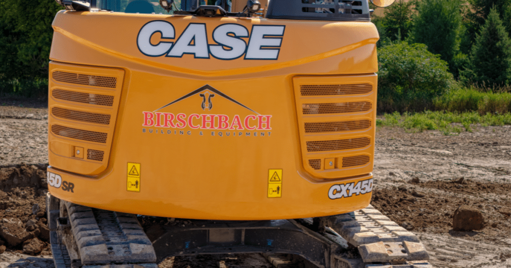 The back side of a CASE excavator run by Birschback Buildings and Equipment.